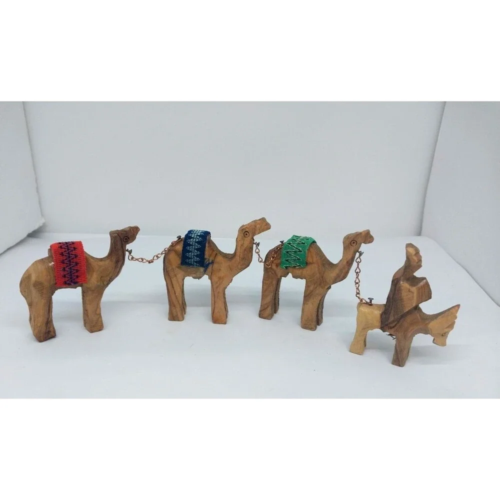 Vtg Donkey Camel Caravan Train Figurines Hand Carved Olive Wood Jerusalem 4 pc.